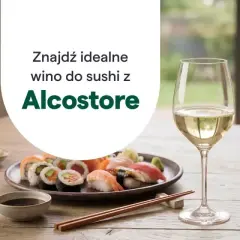 Idealne wino do sushi czeka! Na stole sushi, sos sojowy, wasabi i kieliszek białego wina. Znajdź swoje wino do sushi w Alcostore.