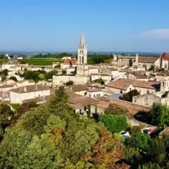 Malowniczy widok na miasteczko Saint-Émilion z charakterystyczną wieżą kościelną i winnicami w tle.