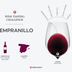 Tempranillo, najpopularniejsze hiszpańskie wino, pełne aromatów jeżyn, skóry i tytoniu.