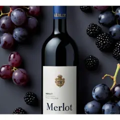 Butelka wina Merlot, otoczona ciemnymi winogronami i jeżynami. To wino, które zachwyca owocowym aromatem.