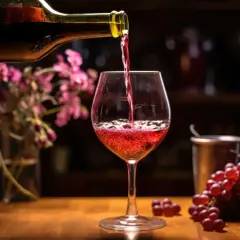 Czerwone wino nalewane do kieliszka, obok kiść winogron. Proces siarkowania wina zapewnia jego stabilność i świeżość.