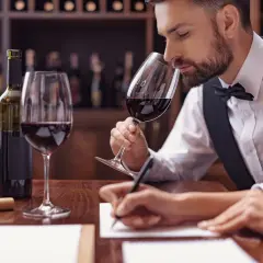 Doświadczony specjalista od wina wącha kieliszek czerwonego wina, podczas gdy ktoś obok notuje.