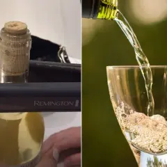 Otwieranie wina prostownicą Remington, a potem nalewanie go do kieliszka.