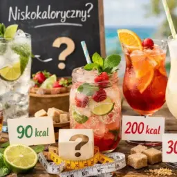 Ile kcal ma whisky? Na stole kolorowe drinki z owocami i miętą, obok etykiety z kalorycznością: 120, 90, 200, 300 kcal.