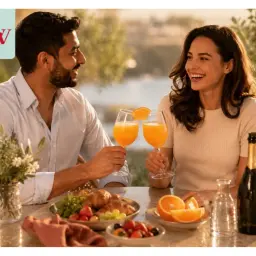 Para celebruje poranek z pysznym mimoza drinkiem, delektując się owocami i croissantami.