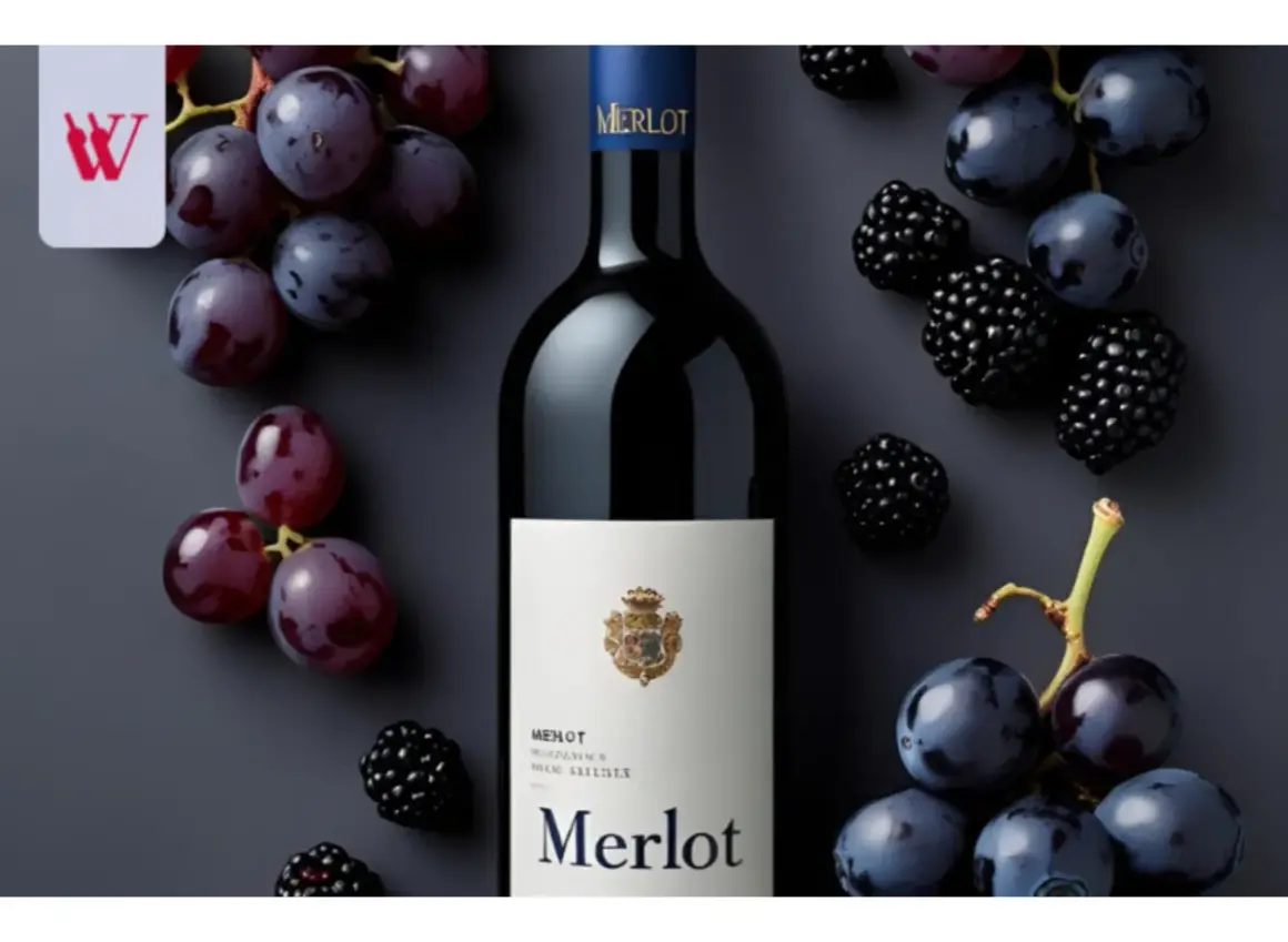 Butelka wina Merlot, otoczona ciemnymi winogronami i jeżynami. To wino, które zachwyca owocowym aromatem.