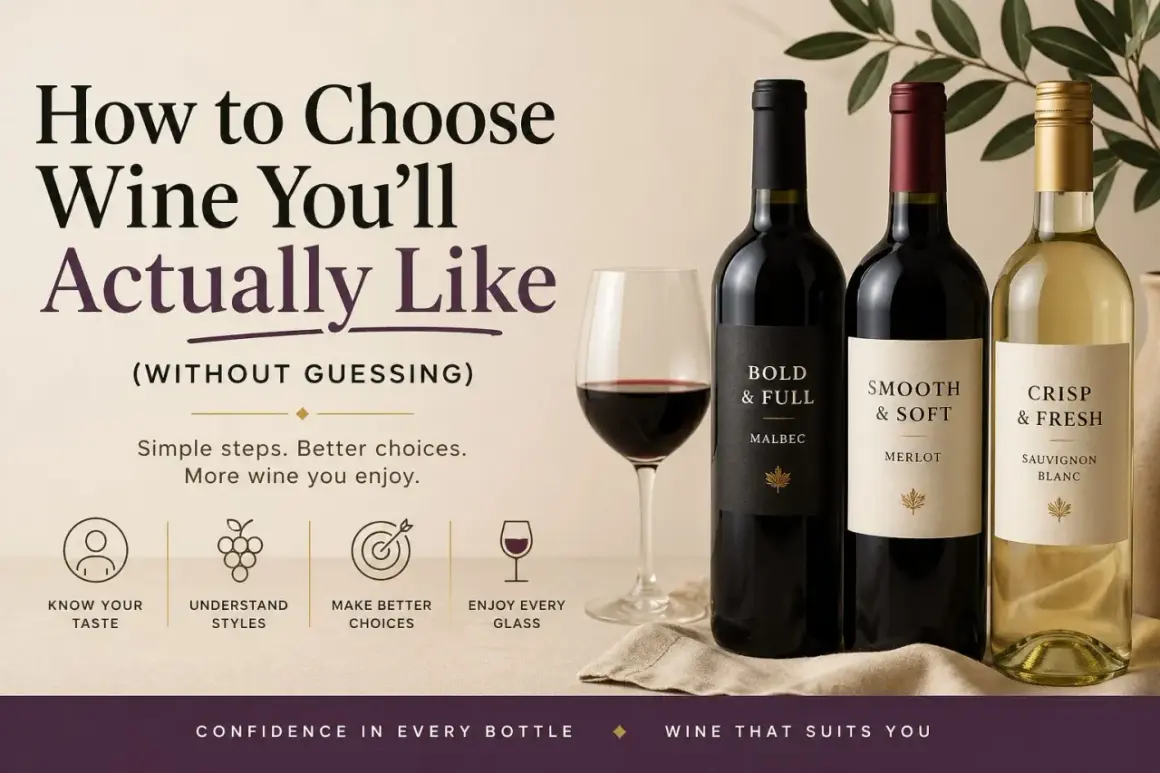 Trzy butelki win: Malbec, Merlot i Sauvignon Blanc, obok kieliszka z czerwonym winem. Poradnik "Jak wybrać marki win, które pokochasz".