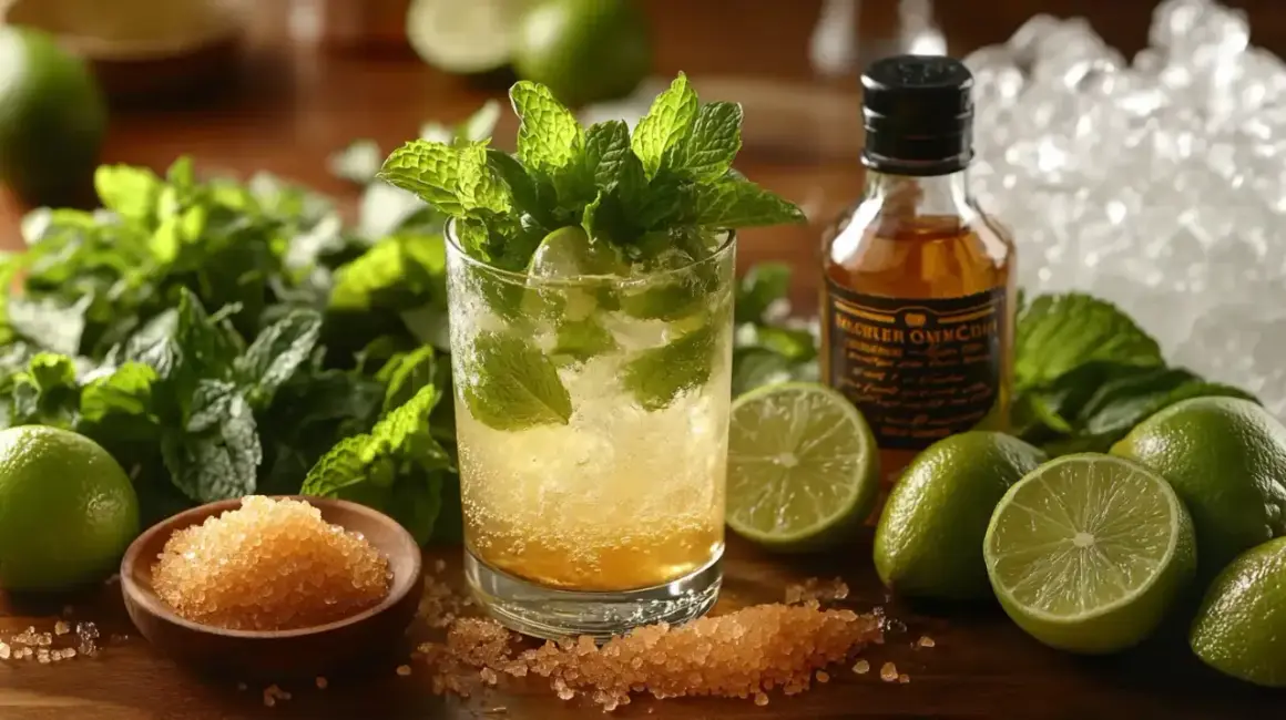 Orzeźwiający mohito drink z miętą, limonką i cukrem. Obok buteleczka rumu i kostki lodu.