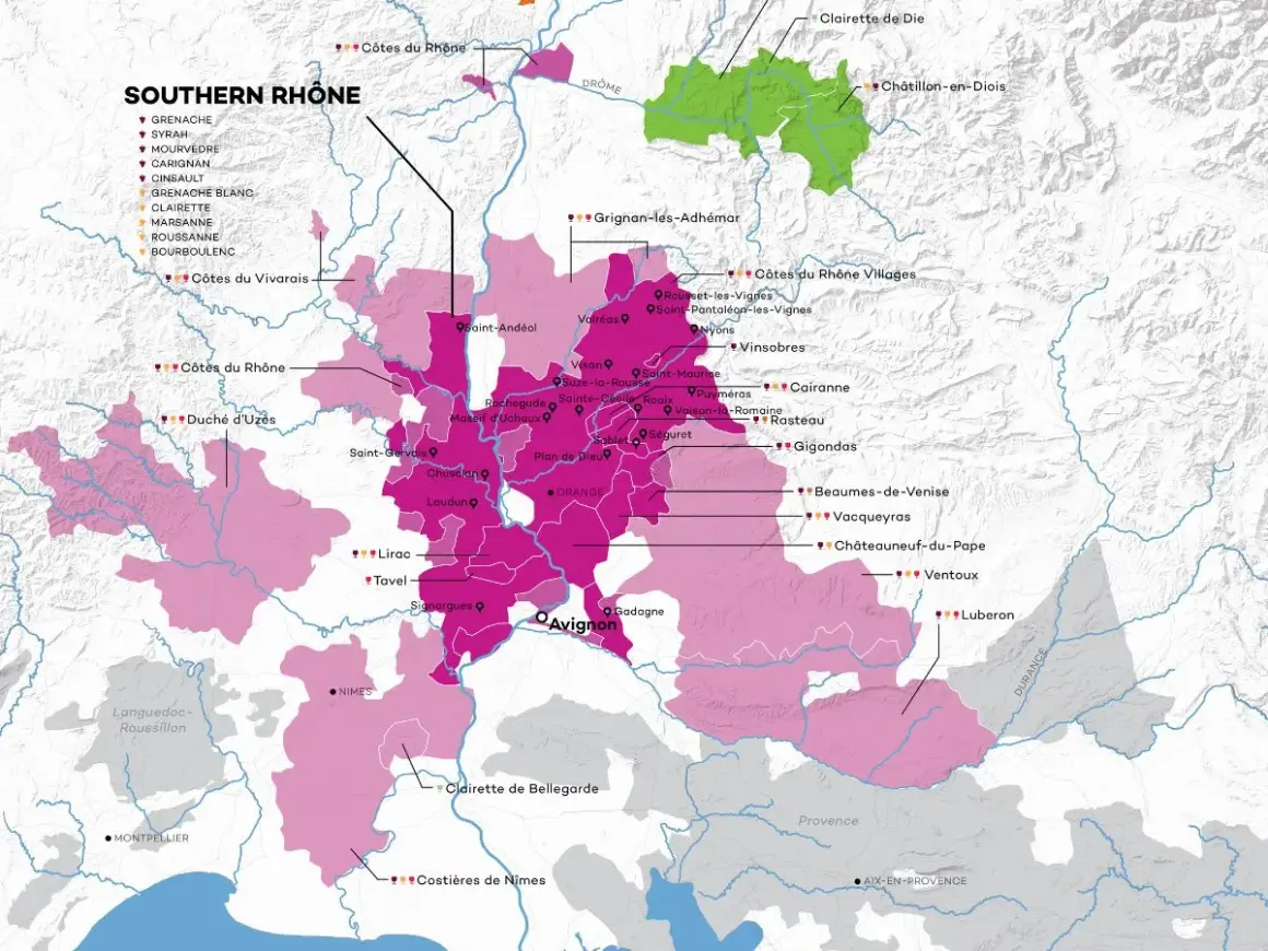 Mapa winnic południowego Rodanu, z zaznaczonymi regionami, w tym Châteauneuf-du-Pape.