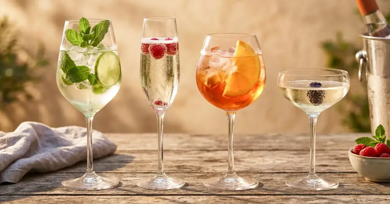 Cztery orzeźwiające drinki na drewnianym stole: mojito, prosecco z malinami, Aperol Spritz i prosecco z colą.