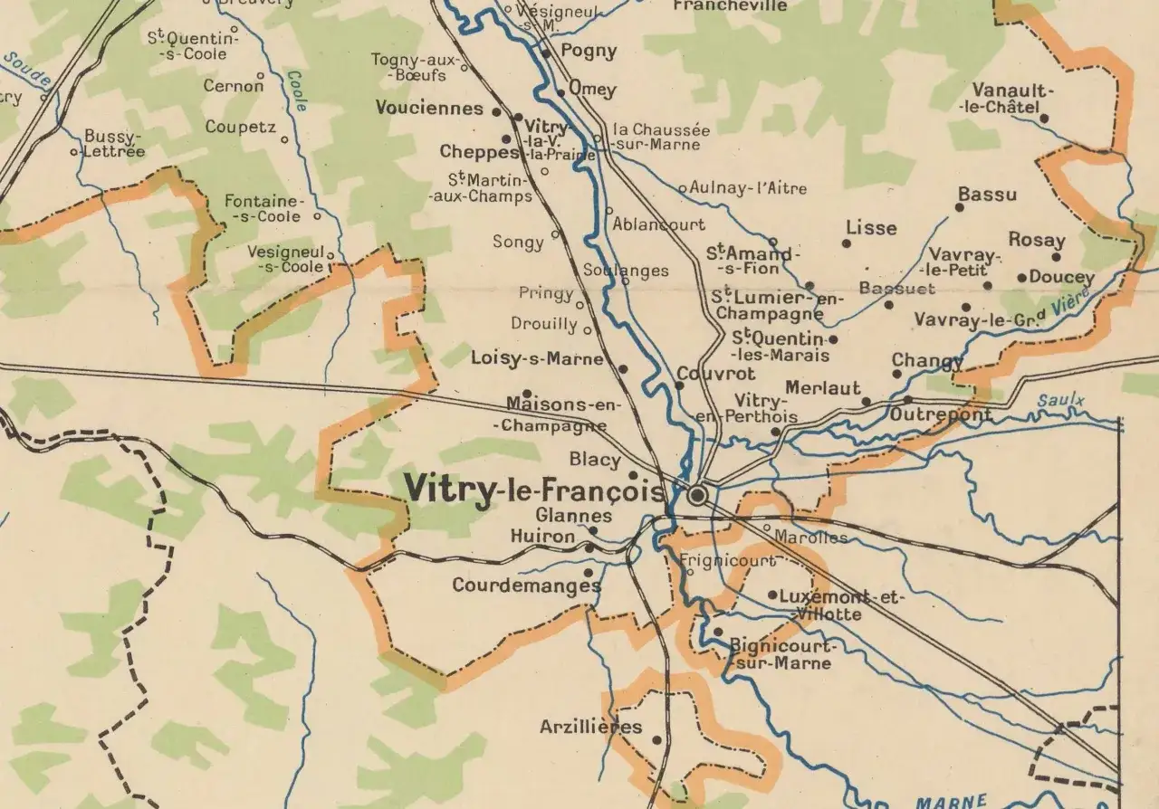 Mapa pokazuje region Szampanii, skąd pochodzi szampan, z zaznaczonymi miejscowościami jak Vitry-le-François i licznymi winnicami.