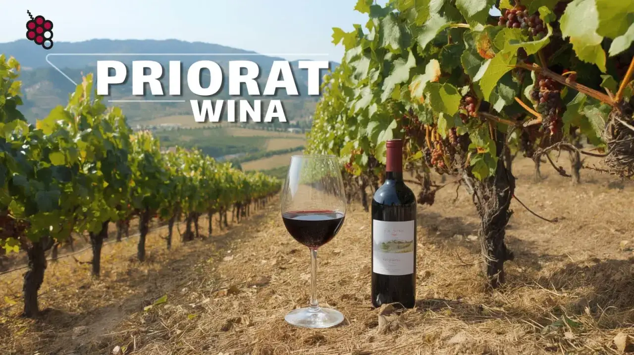 Winnica w Priorat, z butelką i kieliszkiem czerwonego wina. Idealne miejsce na degustację wina.