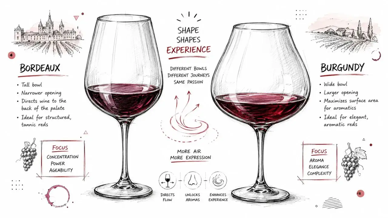 Dwa kieliszki z lampką wina: Bordeaux i Burgund. Różne kształty kieliszków wpływają na doznania smakowe i aromatyczne.