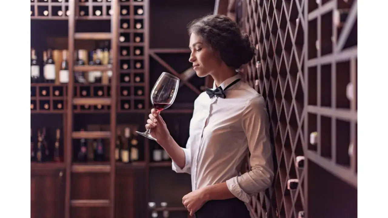 Młoda specjalistka od wina w eleganckiej koszuli i muszce wącha czerwone wino w kieliszku, stojąc w piwniczce z winami.