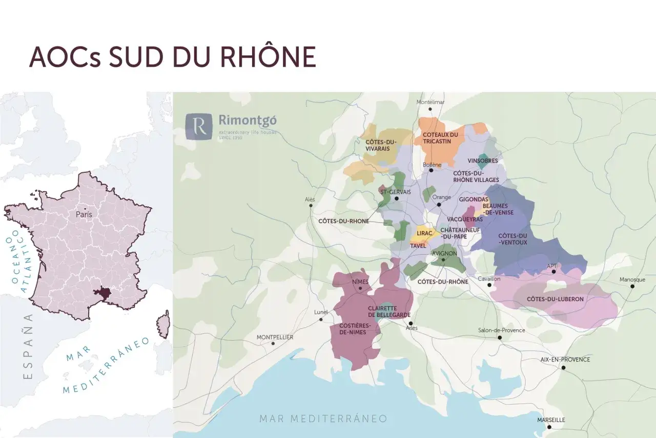 Mapa winnic Doliny Rodanu, gdzie znajdziesz najpopularniejsze wina francuskie, od Châteauneuf-du-Pape po Côtes du Rhône.